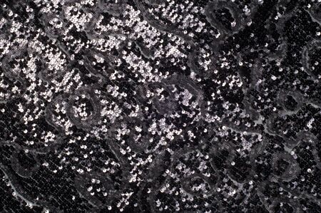 The texture of the fabric is black with sequins. a small, shiny disk sewn as one of many onto...
