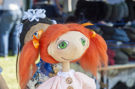 Handmade dolls, Toy company - many toys in. some coloured rag dolls, Cute handmade toys of glovesの写真素材