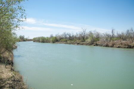 Steppe river reeds summer. views in the view of the river. small blue river by a sunny dayの写真素材
