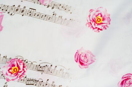Texture, background. Fabric cotton bed linen. collage of music, good sleep to the musicの写真素材