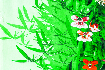 Texture, background. textiles. cotton cloth. linen with motifs of tropical flowers, bambooの写真素材