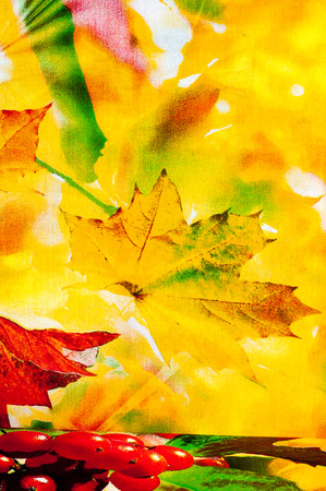 Texture, background. textiles. cotton cloth. linen with motifs of autumn. Rowan autumn. maple leaves in autumnの写真素材