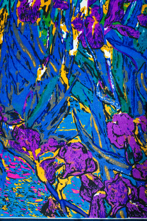 Texture. Background. Fabric silk blue with painted flowersの写真素材