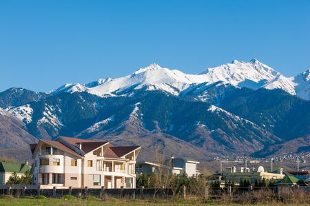 10, 03, 2015 Almaty, Kazakhstan, Street Al Farabi, Tien Shan Mountains, Early Spring.のeditorial素材