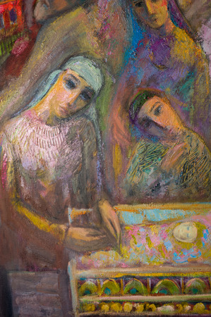 Ethnography, M.Sh. Khaziev. Honored Artist of Tatarstan. The picture painted in oils. Night, Most of the Tatar family, having a baby pictureのeditorial素材