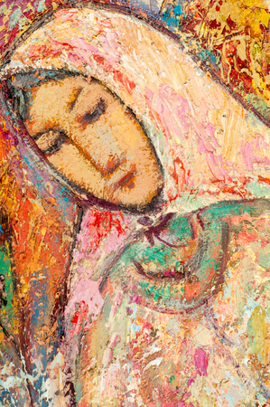 Khaziev Madiyar Sharipovich Honored Artist of Tatarstan. Texture, background. painting canvas painted carnival colors. Mother and daughter, the relationship between adults and childrenのeditorial素材