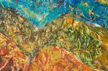 Honored Artist of Tatarstan M. Sh Khaziev. Abstract drawing in oil on canvas. Expression Abstract painting. Abstract painted canvas. Oil paints on a palette. Colorful background.のeditorial素材