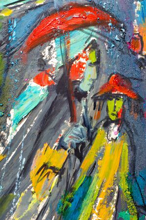 Ethnography. Khaliev MS. Honored Artist of Tatarstan. Texture, background. Abstract picture painted in carnival colors. People on the street in the rain stormのeditorial素材