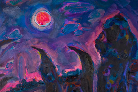 Ethnography, M.Sh. Khaziev. Honored Artist of Tatarstan. The picture painted in oils. Mystical picture old night. land of the shadow under the full moonのeditorial素材