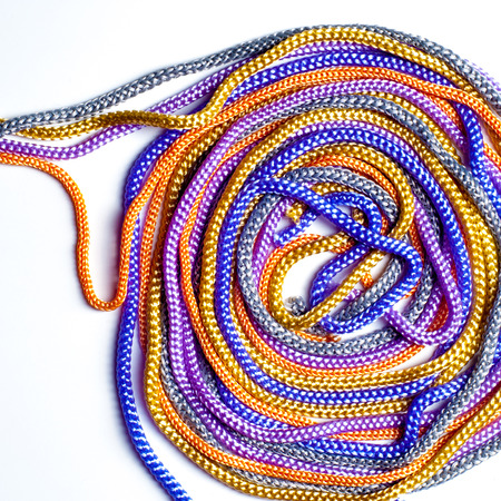 laces texture. wo lined boot laces on white background.  laces of different color isolated on white....