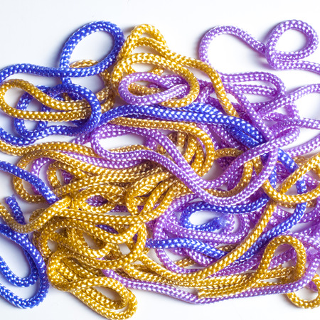 wo lined boot laces on white background.  laces of different color isolated on white. Shoelaces....
