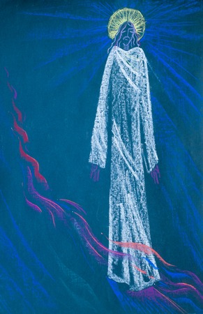 a picture drawn with crayons. Face of Jesus Christ in a crown of thorns,