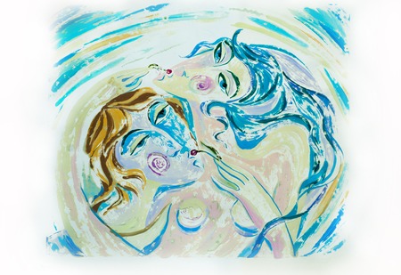 picture painted in oils. A man with a woman eating cherries.の写真素材