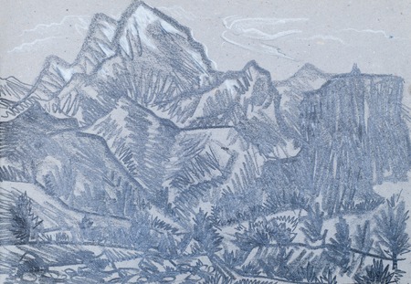 a picture drawn in pencil, mountains, angels fly at dawn the sun. in the mountains, high mountains, rugged mountains, range of mountainsの写真素材