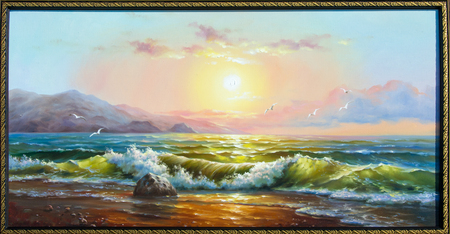 Texture, background. Painting on canvas painted with oil paints. The picture drawn by the sea. Sea storm. Transparent waves on the sea. Beautiful sky pink sea.の写真素材