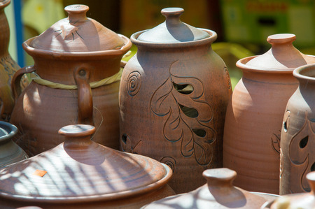 Texture, background. Pottery. pots, dishes, and other articles made of earthenware or baked clay....