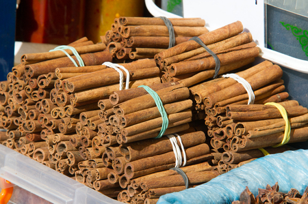 cinnamon. an aromatic spice made from the peeled, dried, and rolled bark of a Southeast Asian tree.の写真素材