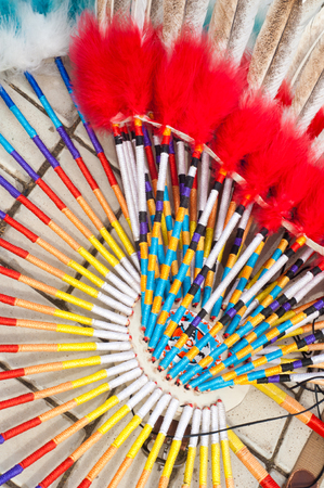 native american indian chief headdress. detail feather and dream catcher. decoration Redskinsの写真素材
