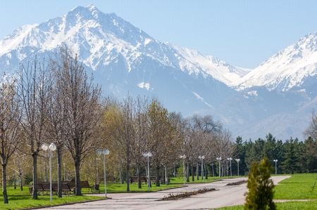 Kazakhstan, early spring. Park of the first president of the country. Central park at sunny day. beautiful green parkの写真素材