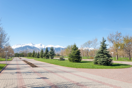 Kazakhstan, early spring. Park of the first president of the country. Central park at sunny day. beautiful green parkのeditorial素材