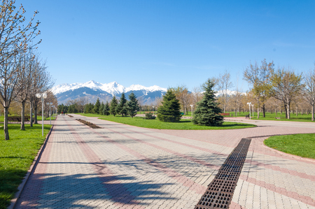 Kazakhstan, early spring. Park of the first president of the country. Central park at sunny day. beautiful green parkの写真素材