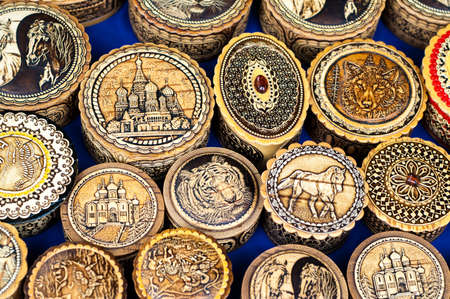 birch bark baskets. Inlaid pattern, woven and colored stoneの写真素材