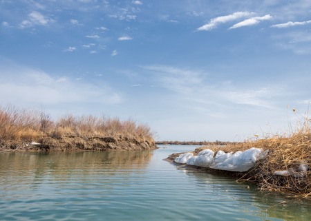 river last ice. Last ice-floe. last needle ice on the Ili River. Central Asia, the steppes of...