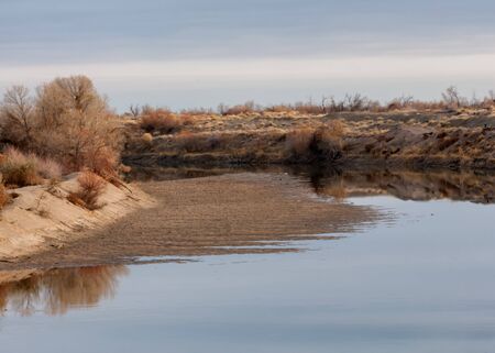 river in spring steppe. riverbank overgrown with reeds. water is pure emeraldの写真素材
