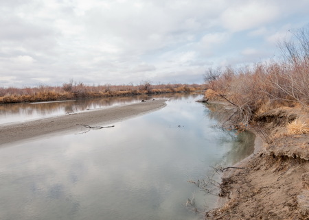 river in spring steppe. riverbank overgrown with reeds. water is pure emeraldの写真素材