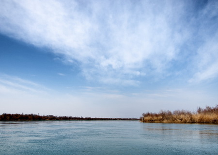 river in spring steppe. riverbank overgrown with reeds. water is pure emerald