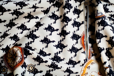 Texture, background, pattern. Cloth woman's dress, black white. On fabric painted drawing hoursの写真素材