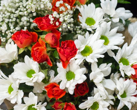 white chrysanthemums red roses beautiful bouquetの写真素材