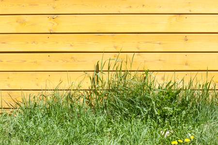Texture, background, pattern. Good background. The boards are connected as a shield. A wooden wall with green grass. Wood texture, Natural wood background.の写真素材