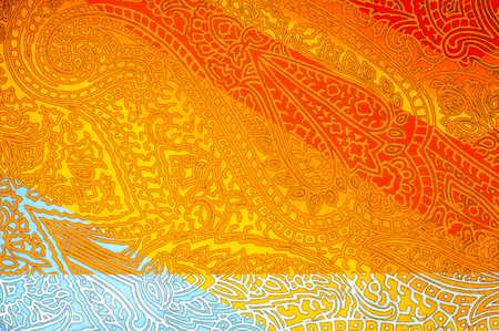 Texture, background. pattern. Fabric cotton bright. Kalamkari paisley cotton fabric hand painted red brown beige blue saree blouse home decor cushion cover ethnic Indian cotton Natural dyedの写真素材