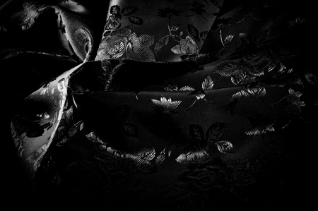 fabric, background texture. silk black fabric with a pattern of flowers. Get lost in the beautiful illustrated floral print in this black and white silk frame.の写真素材