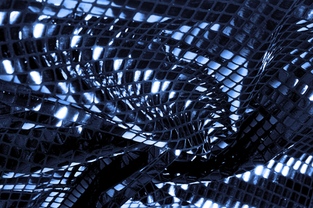 texture, background, pattern. Fabric with big sparkles of blue color. Show some style with these sporadic sparkles! Dispersed on a polyester mesh substrate, there are blue and white sequins,の写真素材
