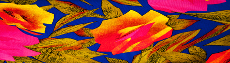 The texture of the silk fabric, red and yellow flowers on a blue backgroundの写真素材