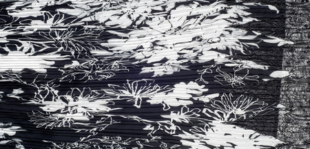 Fabric, texture, background. silk products, black lace, floral design.