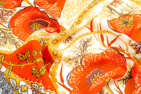 Texture, background, pattern. Silk fabric - red white yellow flowers. heavy silk smooth red  flower white chiffon fabric by yard dressの写真素材