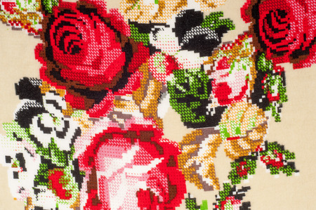Background texture, pattern. Red roses on a beige background. Vintage roses in chic modern colors...