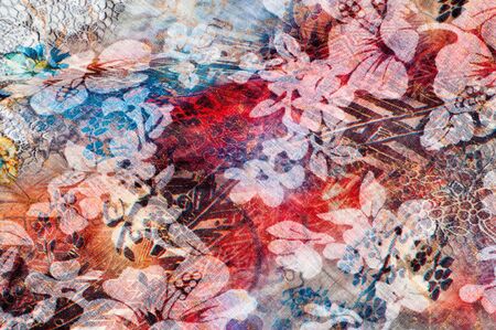 Texture background, pattern. Different fabrics stacked on a table in a pile