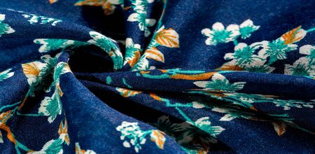 Texture, background, pattern, fabric blue with green colors of flowers. Your possibilities are endless! Courage and success will be yours!の写真素材