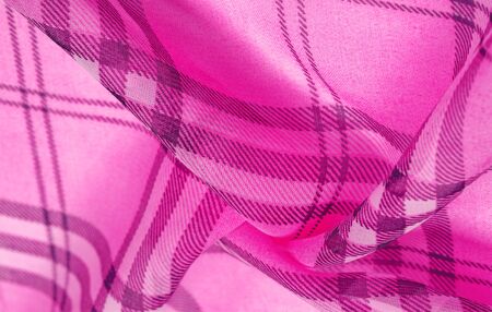 silk, cloth pink (carnation), checkered wallpaper in a cage tartan. Scottish tartan dress. Textile...