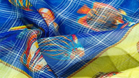 texture, background, pattern, collection, navy-colored silk fabric, fish from a coral reef, joyful...