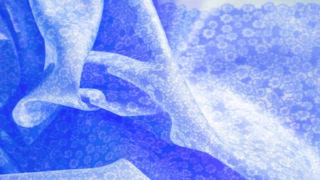 Texture, pattern, blue silk fabric on a white background, flowers pattern silhouette on white...