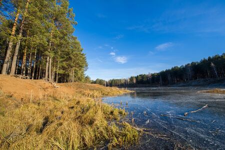 Winter, autumn landscape. The river with ice, trees without leaves, dark sky, withered grass. The earth is waiting for snow, snow drifts.の写真素材