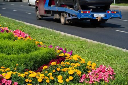 City photo, Flowerbeds in the city, in the background motorway with cars, Russia Naberezhnye Chelny 18,08,2018gのeditorial素材