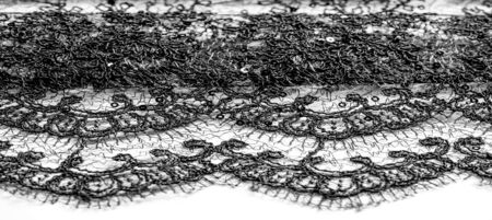 Texture, pattern, lace fabric in black on a white background. This beautiful double Gallon woven fabric is crisp and versatile, with a moderate amount of draped and floral motifs.の写真素材