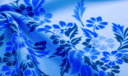texture, background, pattern, delicate blue silk with floral print Exceptionally lightweight pure silk fabric with a delicate texture. Clean, use lining when opacity is desired.の写真素材