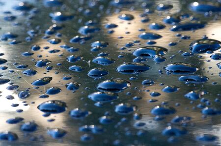 summer rain, drops of water on the car paint. a small round or pear-shaped portion of liquid that...